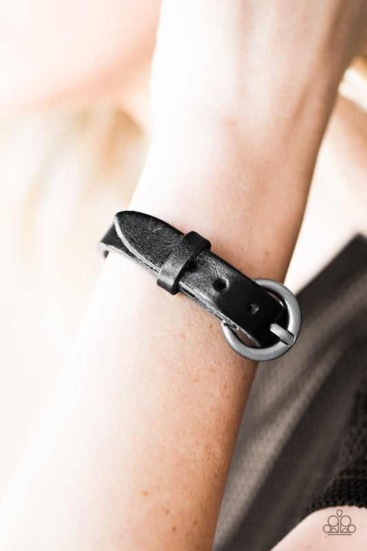 "Over And Out" Black Leather Silver Buckle Urban Bracelet Unisex