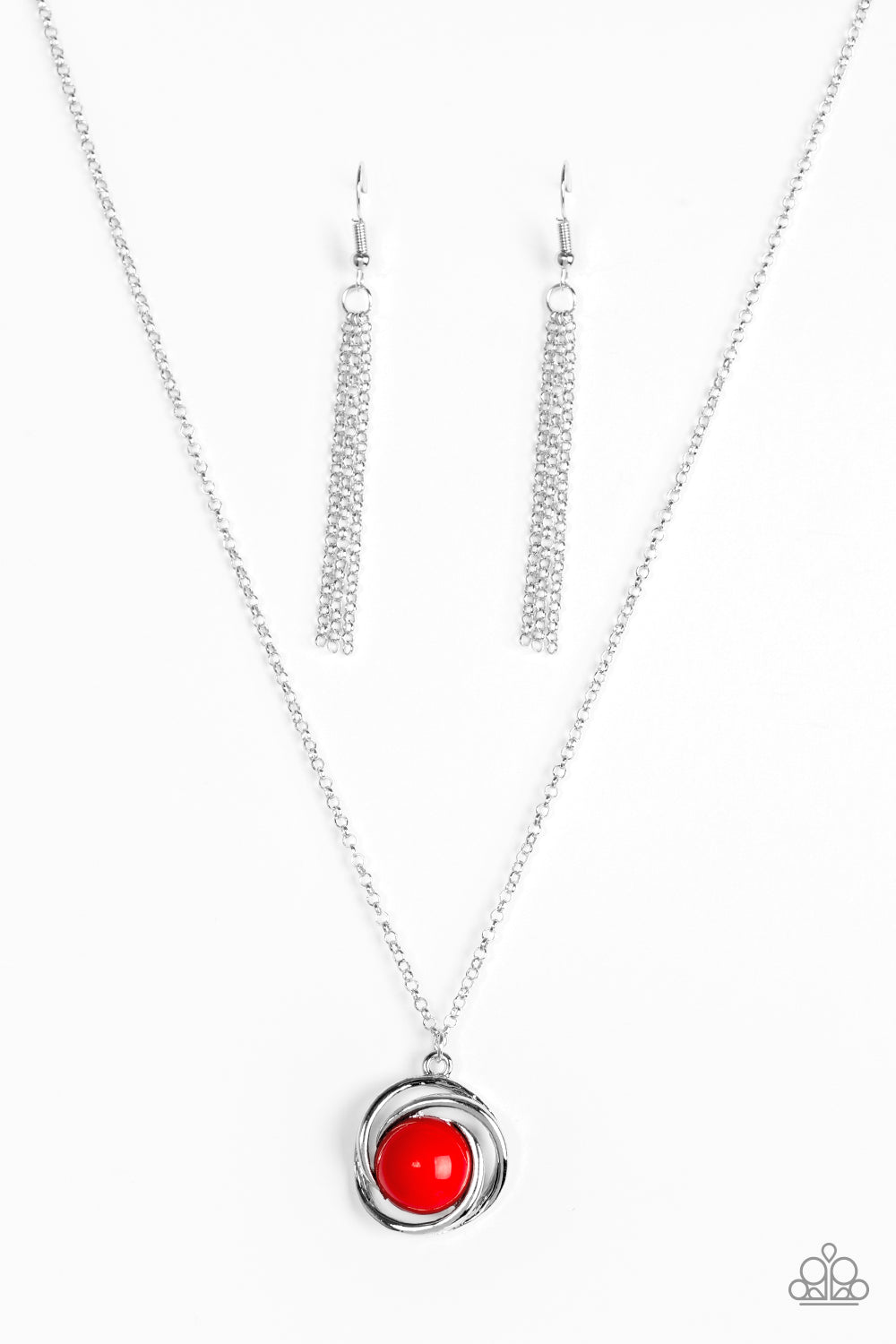 "Ripple Effect" Red Bead Silver Pendant Necklace & Earring Set